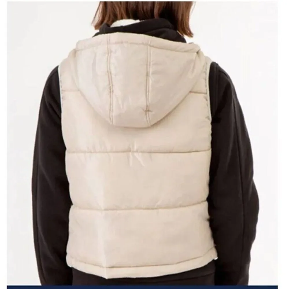 US Polo Puffer Hoodie Cropped Vest Large Women's Front Zip Beige